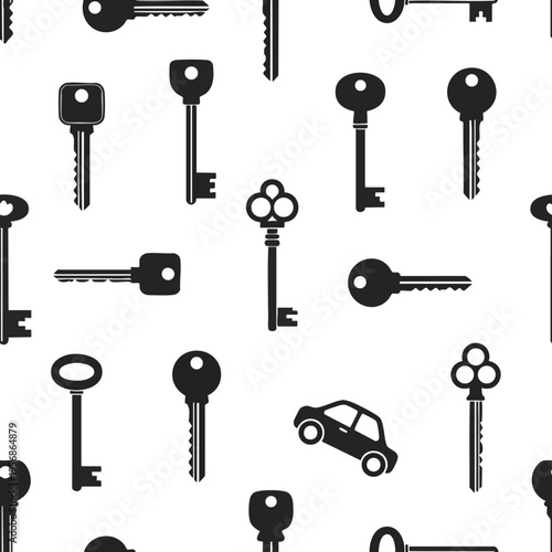 Pattern of various silhouetted keys and a small car against a white background