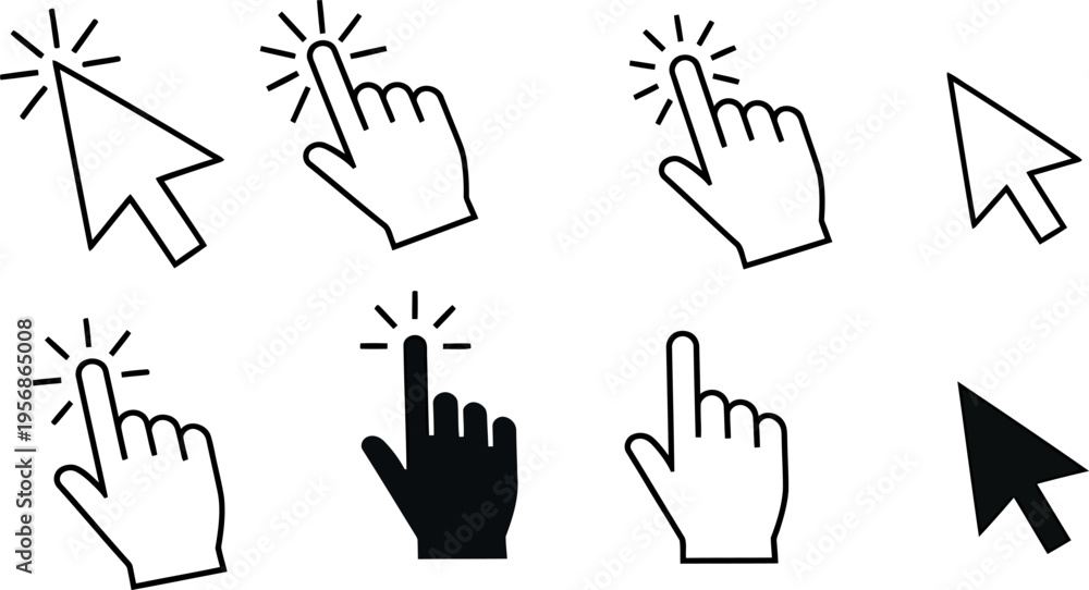 Fototapeta premium Clicking cursor icons set with hand and arrow pointers on white background