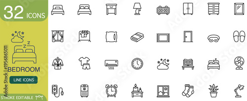 Bedroom icon set line outline vector furniture interior collection of editable stroke symbols for bed pillow lamp wardrobe dresser mirror curtain window door clock slipper plant