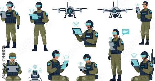 Military Drone Operator Character Set Featuring Soldiers Using Remote Control Devices, Surveillance UAV Technology, Tactical Communication, and Modern Defense Operations Illustration
