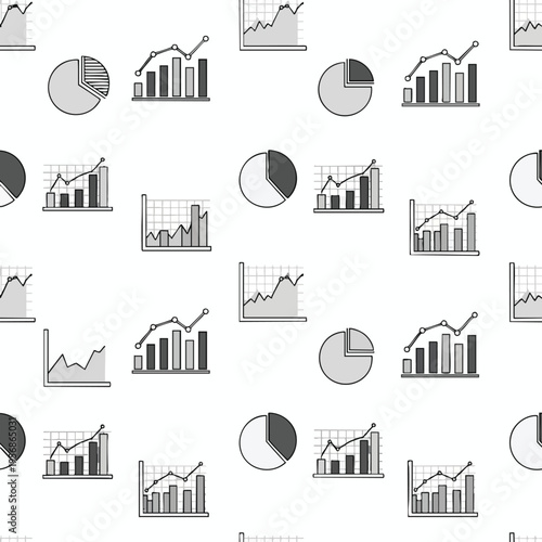 Seamless pattern of hand-drawn pie charts and bar graphs with lines