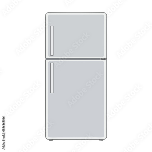 Flat grey refrigerator with a freezer compartment above the main section