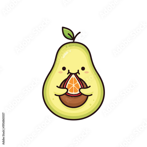 Adorable cartoon avocado character happily holding a fresh orange slice, isolated vector illustration