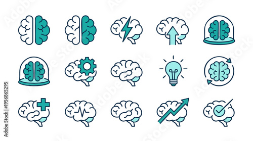 Collection of mental health and brain concept icons representing cognition, learning, creativity, and psychological wellbeing in a modern flat style