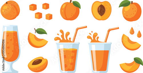 Apricot Juice and Fresh Fruit Collection with Slices Cubes and Drinks Vector Illustration Set for Healthy Beverage Design, Summer Menu, and Food Packaging
