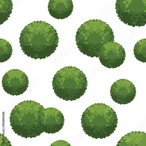 A seamless pattern of green, spherical bushes on a white background