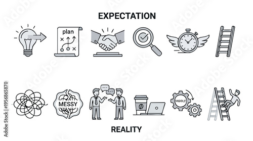 Creative flat design icons illustrating the concepts of expectation and reality in project management and teamwork