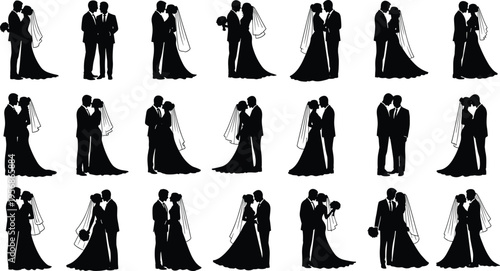 Silhouette collection of wedding couples in romantic poses, bride and groom in gown and suit, symbolic representation of marriage, love, partnership, and celebration.