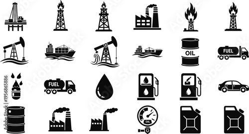 Silhouette icons of oil rigs, pumpjacks, fuel trucks, barrels, offshore platforms, factories, cargo ships, and energy symbols representing petroleum extraction, refining, transpor