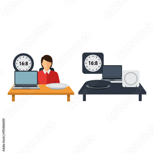 Vector illustration of woman working with clocks on tables