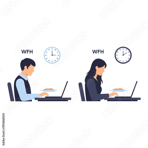 Vector illustration of two people working from home with clocks