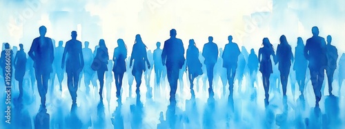 blue watercolor silhouettes of a walking crowd on a reflective floor evoking movement, unity and determined anonymity