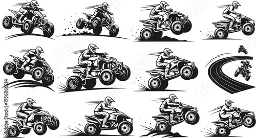 ATV Racing Stunt Icon Set Featuring High-Speed Quad Bike Action Jumps and Dirt Trails for Motorsport Adventure and Extreme Sports Graphics