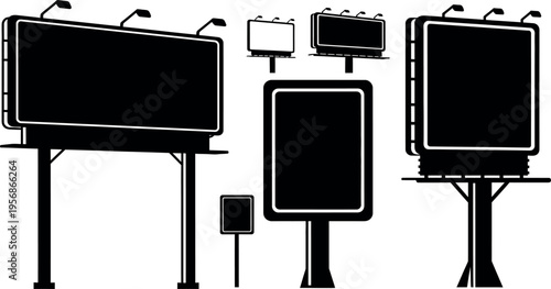 A collection of blank billboards and signs on various stands and poles in a graphic illustration