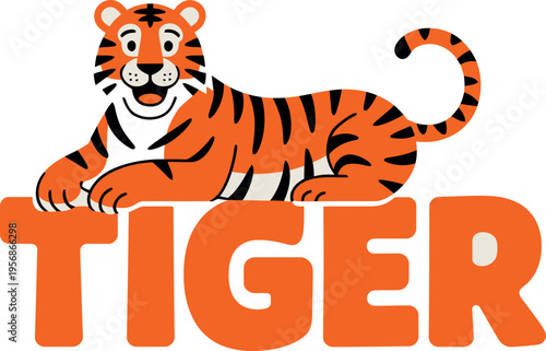 This image features a smiling tiger with bright orange fur and characteristic black stripes in a relaxed, lying position.