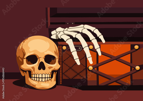 The intricately designed skull, paired with scattered bones, serves as a reminder of the fragility of life