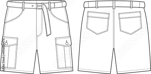 Cargo shorts technical flat sketch, fashion design vector template, apparel construction drawing, clothing blueprint illustration, garment CAD outline, detailed shorts design