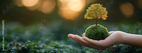a hand gently holding a moss-covered soil ball with a small tree with golden leaves, soft sunset bokeh conveying hope, nurturing and serene care for nature