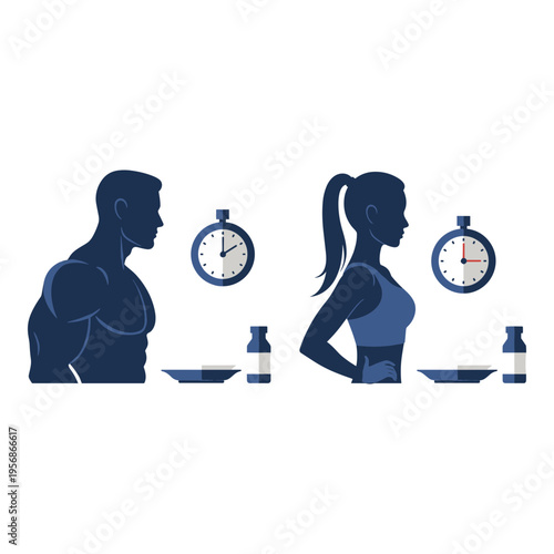 Vector illustration of man and woman fitness silhouettes with gym equipment and stopwatches