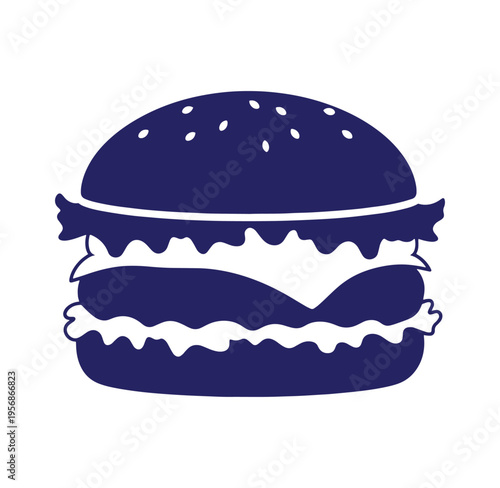 blue hamburger icon with sesame seed bun and white filling isolated on white background