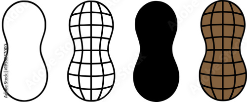 Peanut illustration icon set, in outline, silhouette and colored, for food or botanical design