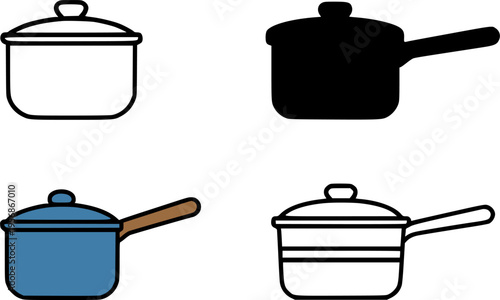 Saucepan illustration icon set, in outline, silhouette and colored, for kitchen or cooking equipment design