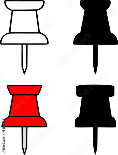 Push pin illustration icon set, in outline, silhouette and colored, for office equipment design