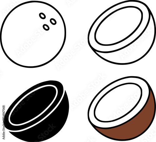 Coconut illustration icon set, in outline, silhouette and colored, for fruit or nature designs