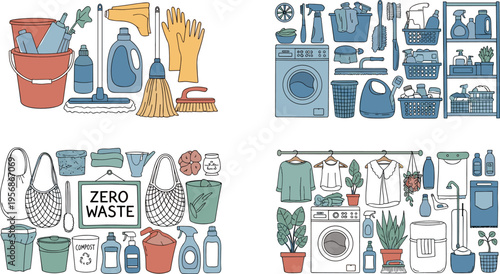 HouseLaundry and Cleaning Lifestyle Vector Collection with Zero Waste Products,