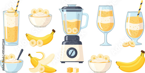 Banana Smoothie and Fresh Fruit Set with Blender, Glasses, Slices, and Ingredients for Healthy Drinks, Breakfast Recipes, Organic Food Design, and Nutrition Concepts