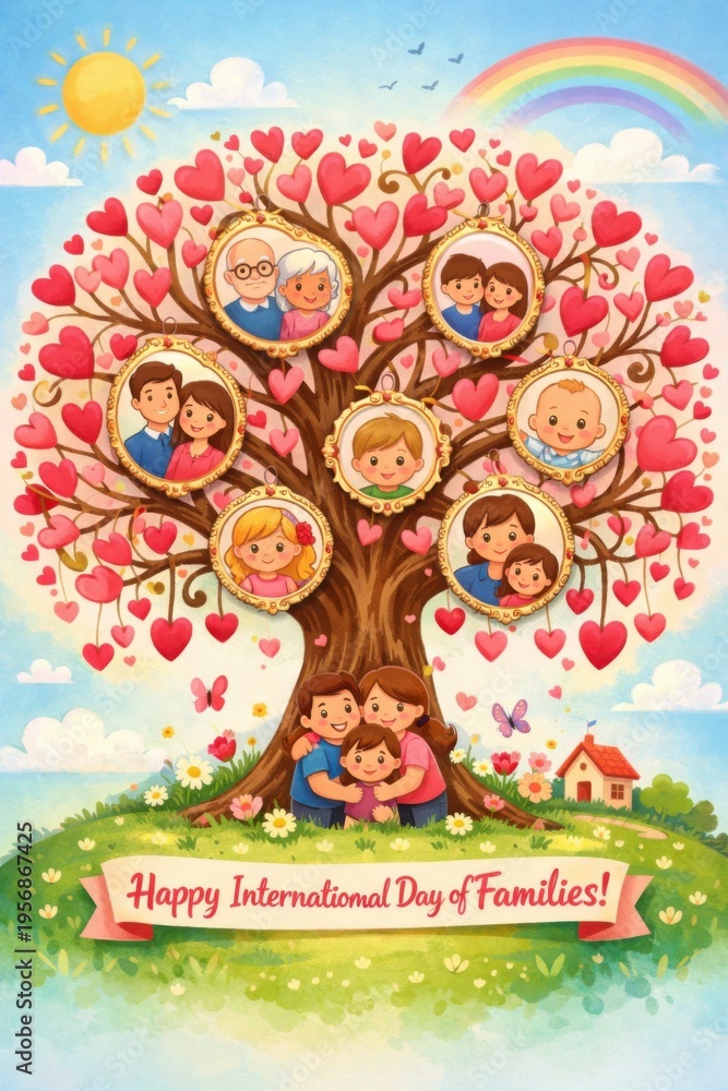 Obraz premium happy international day of families tree with heart leaves and portraits