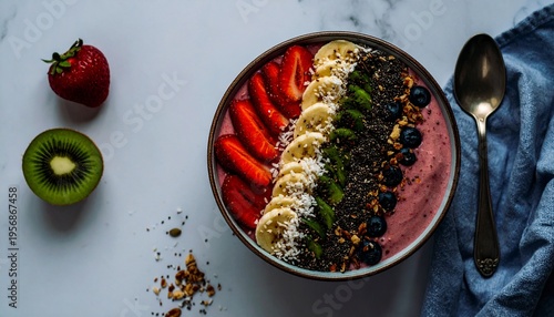 High angle view of delicious berry smoothie bowl with sliced strawberries, bananas, and blueberries