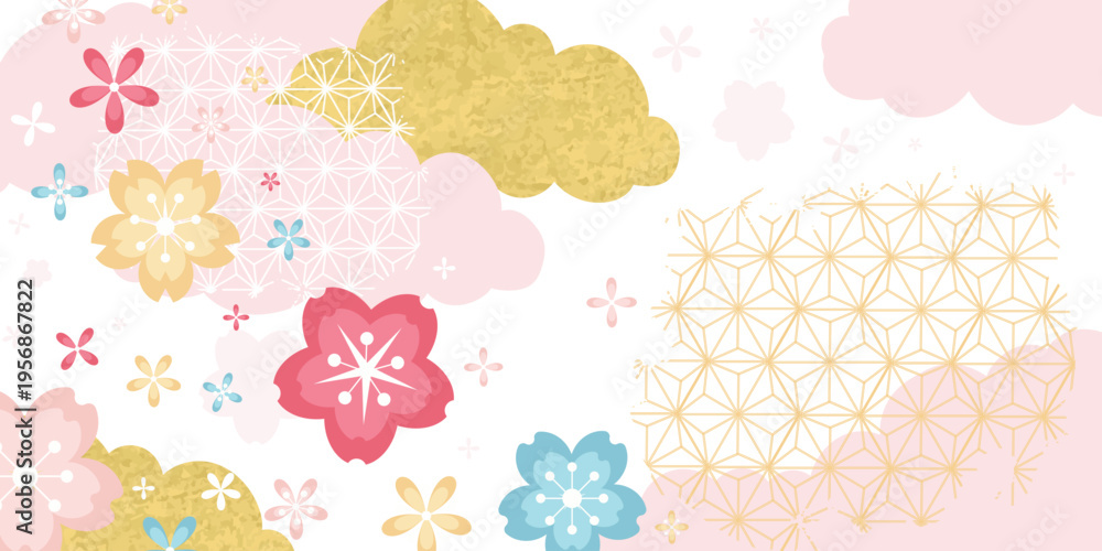 Fototapeta premium Spring Japanese Cherry blossom flower background vector. Sakura floral Wallpaper design of elegant gold line cherry blossom flower, branch. Illustration for banner, wall decoration, backdrop, ads.