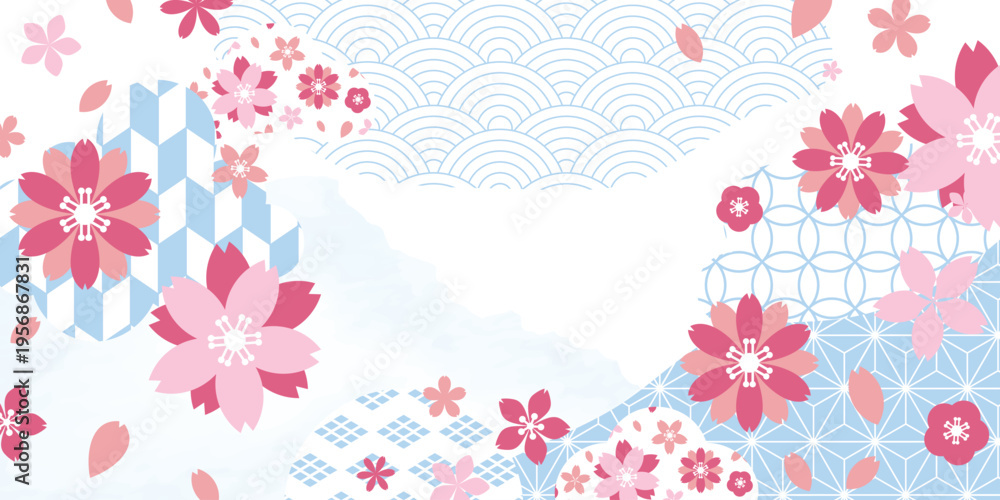 Obraz premium Spring Japanese Cherry blossom flower background vector. Sakura floral Wallpaper design of elegant gold line cherry blossom flower, branch. Illustration for banner, wall decoration, backdrop, ads.