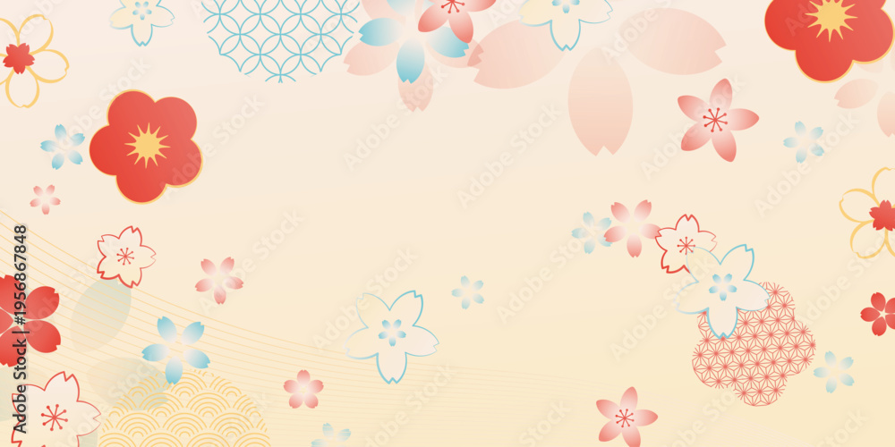 Obraz premium Spring Japanese Cherry blossom flower background vector. Sakura floral Wallpaper design of elegant gold line cherry blossom flower, branch. Illustration for banner, wall decoration, backdrop, ads.