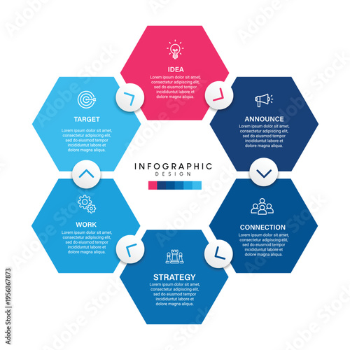 A colorful infographic template with hexagonal shapes and icons for business strategy and design