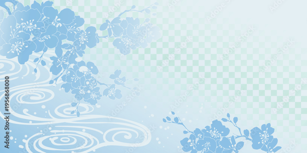 Obraz premium Spring Japanese Cherry blossom flower background vector. Sakura floral Wallpaper design of elegant gold line cherry blossom flower, branch. Illustration for banner, wall decoration, backdrop, ads.