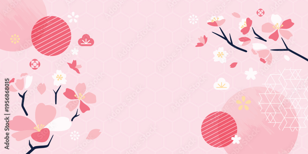 Fototapeta premium Spring Japanese Cherry blossom flower background vector. Sakura floral Wallpaper design of elegant gold line cherry blossom flower, branch. Illustration for banner, wall decoration, backdrop, ads.