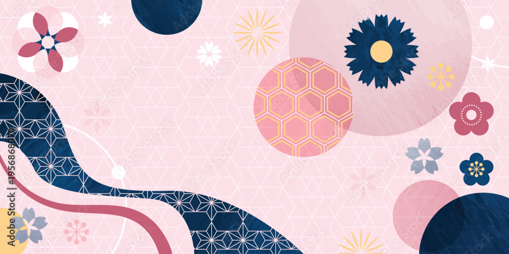 Fototapeta premium Spring Japanese Cherry blossom flower background vector. Sakura floral Wallpaper design of elegant gold line cherry blossom flower, branch. Illustration for banner, wall decoration, backdrop, ads.