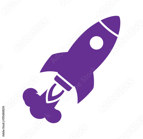 Purple rocket ship icon with smoke trail flying upwards isolated on white background