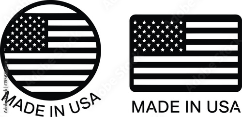 Made in USA Black Silhouette Stamp and Label Vector Icons for Product Packaging Design