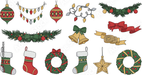 Christmas decoration set with ornaments, wreaths, garlands, stockings and festive elements vector illustration isolated on white background