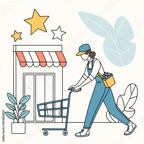 Woman pushing a shopping cart outside a store