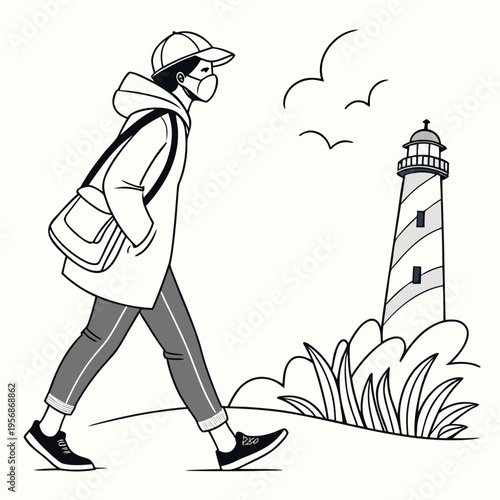 A man wearing a mask walks past a lighthouse