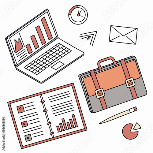 A briefcase with a laptop and a notebook and graphs