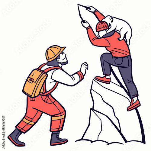Two men in construction clothes helping each other climb a cliff