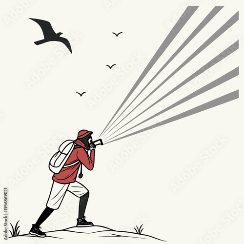 Man in red jacket looking at birds through binoculars