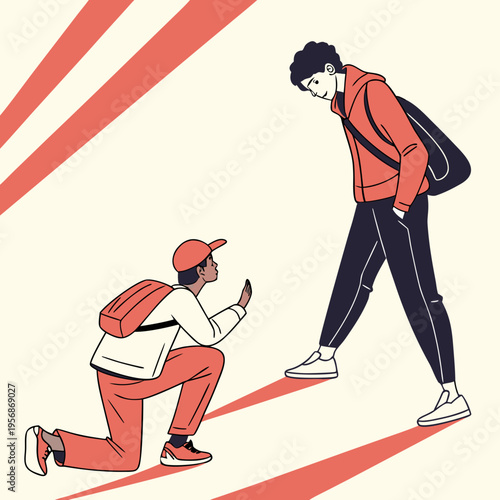 A man on one knee holding out his hand to another man