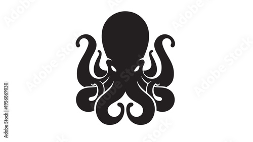 Octopus silhouette with eight tentacles and two distinctive eyes, isolated on a white background in a bold, graphic style