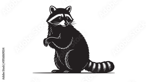 Raccoon animal black silhouette illustration with striped tail, standing alert on hind legs, isolated on white background with detailed fur texture.